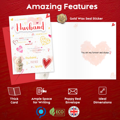 Husband Valentines Day Card with Luxury Wax Seal – Elegant Gold and Red Foil Card "For My Wonderful Husband" – Large 22x15.5 cm – Valentines Card for Him - Valentines Card for Husband – 350 GSM