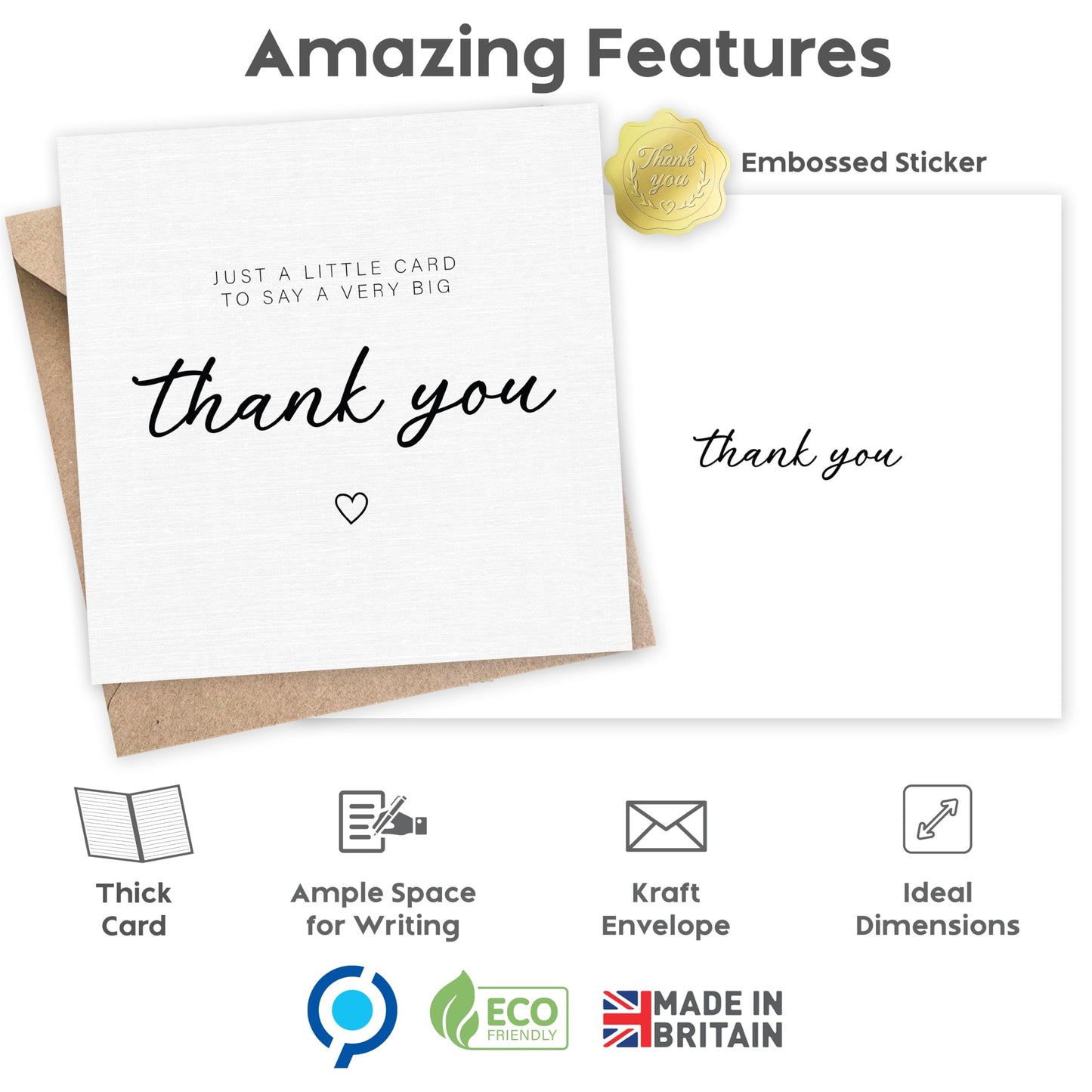 5 Thank You Cards with Embossed Gold Foil Stickers and Kraft Envelopes – A Little Card To Say Big Thank You - Made in the UK