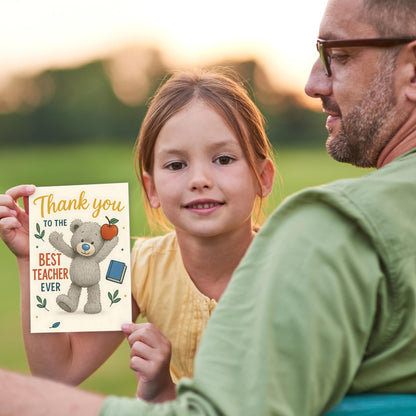 Thank You Teacher Gifts for Women & Men – Best Teacher Thank You Card with Wooden Apple Coaster and Embossed Sticker – End of Year, Leaving or Retirement Gift for Teachers – Made in the UK