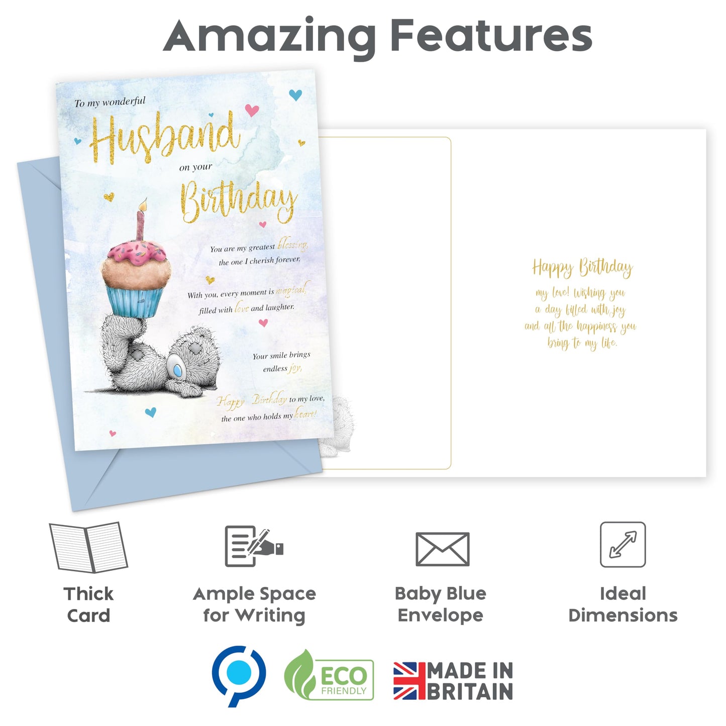 Husband Birthday Card from Wife – Cute Teddy Bear Design – Gold Foil Finish – Birthday Card for Husband – 22 x 15.5 cm – Made in the UK