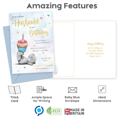 Husband Birthday Card from Wife – Cute Teddy Bear Design – Gold Foil Finish – Birthday Card for Husband – 22 x 15.5 cm – Made in the UK