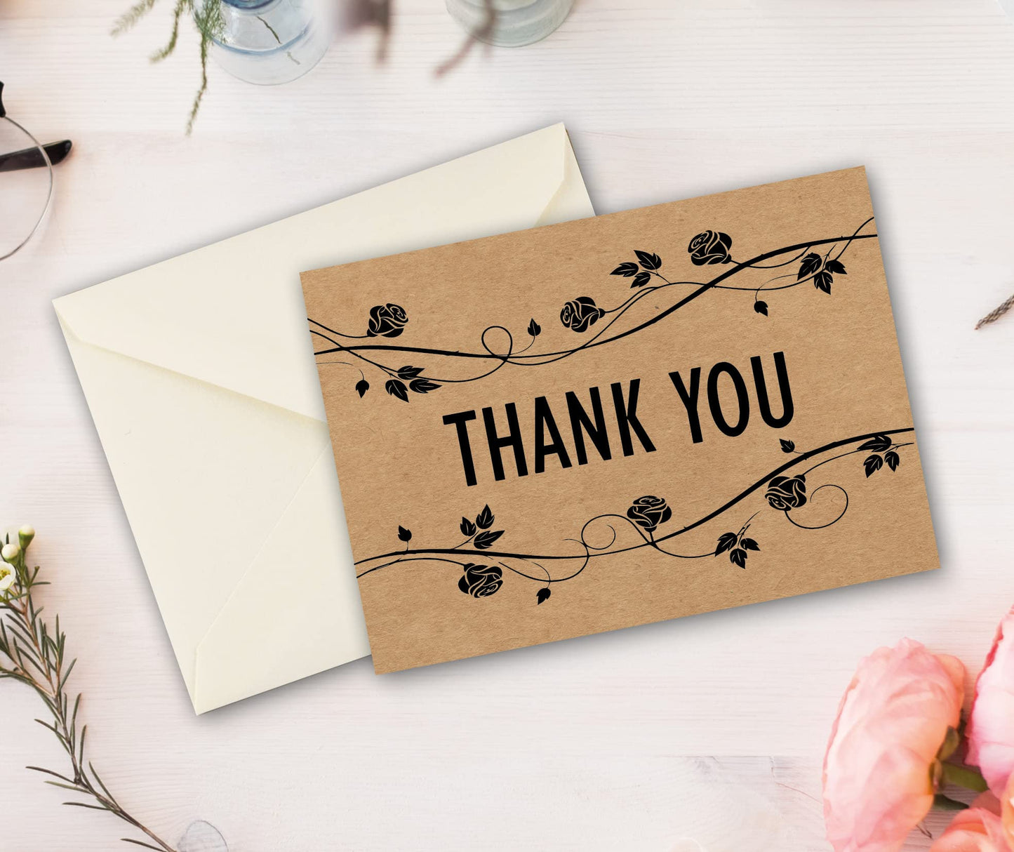 24/36 Thank You Cards Foiled Pack, Thank You Cards Multipack with envelopes and stickers for Christmas, Kids, Weddings, Graduation, Ivory coloured Paper envelopes, Kraft greeting cards are 150 X 100mm by Giftinghouse.
