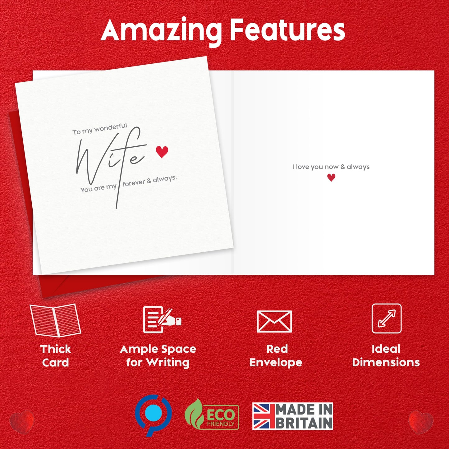 Anniversary Card for Wife – To My Wonderful Wife – Eco-Friendly 15x15cm Ideal Size – Valentines Card for Her – Premium 350 GSM – Made in the UK