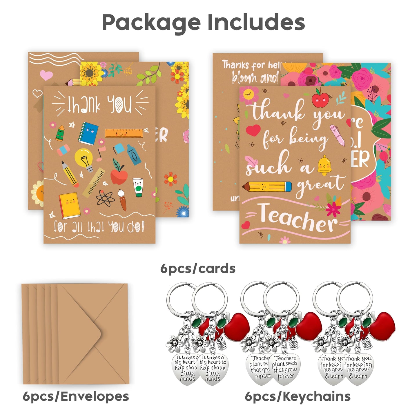 6 Pack Thank You Teacher Gifts for Women & Men – Includes 6 Appreciation Thank You Teacher Cards and Keyrings – End of Year, Leaving, Graduation or Christmas Gifts for Teachers