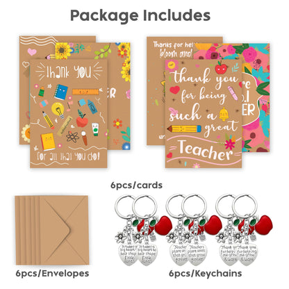6 Pack Thank You Teacher Gifts for Women & Men – Includes 6 Appreciation Thank You Teacher Cards and Keyrings – End of Year, Leaving, Graduation or Christmas Gifts for Teachers