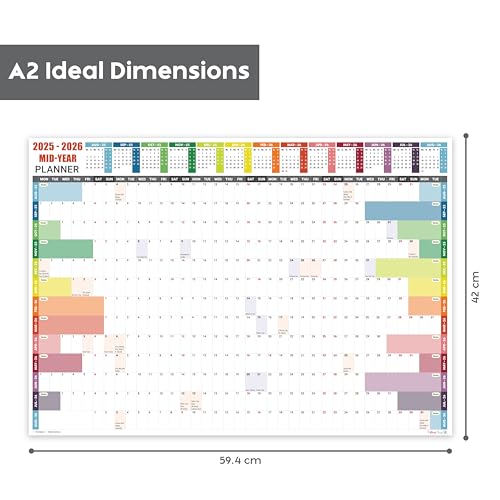 Academic Wall Planner 2025-2026 A2 Laminated – Wall Calendar from August 2025 to August 2026 – (59.4 x 42 cm) – 13 Months Mid Year Wall Planner 25/26 – Marked Holidays – Notes Space – Made in the UK