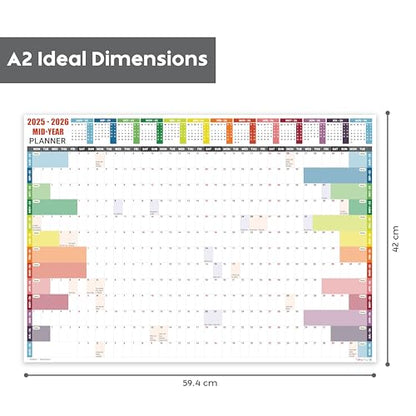 Academic Wall Planner 2025-2026 A2 Laminated – Wall Calendar from August 2025 to August 2026 – (59.4 x 42 cm) – 13 Months Mid Year Wall Planner 25/26 – Marked Holidays – Notes Space – Made in the UK