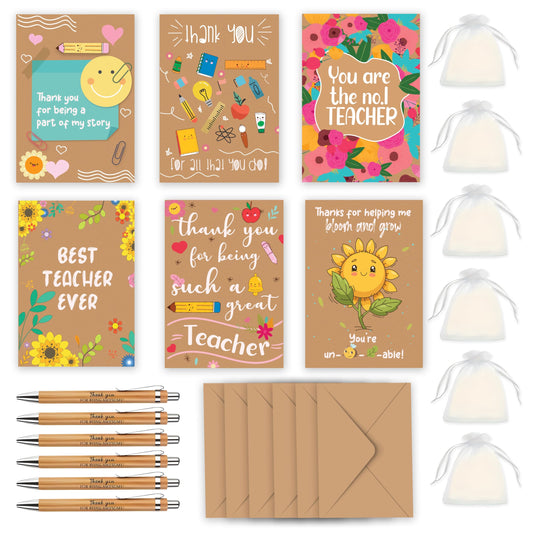 6 Pack Thank You Teacher Gifts for Women & Men – Includes 6 Appreciation Thank You Teacher Cards with Bamboo Pens and Gift Bags – End of Year, Leaving, Graduation or Christmas Gifts for Teachers
