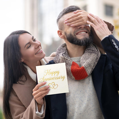 Happy Anniversary Card – Gold Foil Embossed Design with Sticker – Wedding Anniversary Card for Husband, Wife, Him, Her, Mum, Dad & Couples – 15x15 cm – Made in the UK