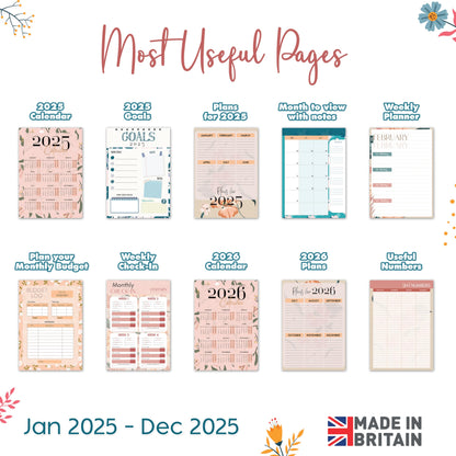 Giftinghouse 2025 Diary A5 Week to View – Glossy Front Round Corners From Jan to Dec 2025 - Diary 2025 with Matching Box - Floral Design, Pocket and Pen Loop. - 15.5 x 21.5 cm