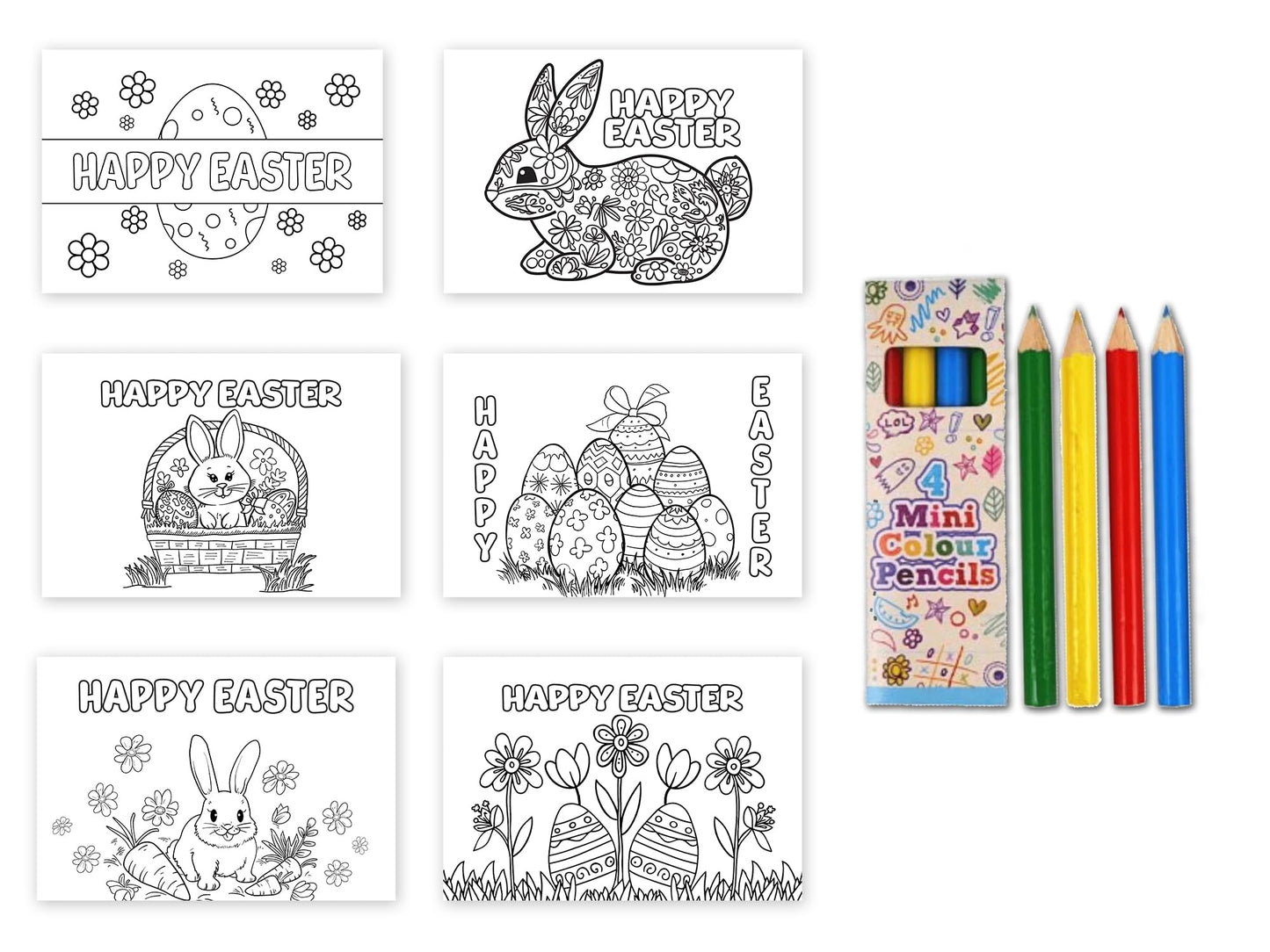 Giftinghouse Colouring Easter Cards 12/24 with Colouring Pencils and Envelopes for Kids, Easter Cards Multipack - Featuring 6 Mixed Easter Designs, Eco-friendly Greeting Cards Gift for kids (24 PACKS)