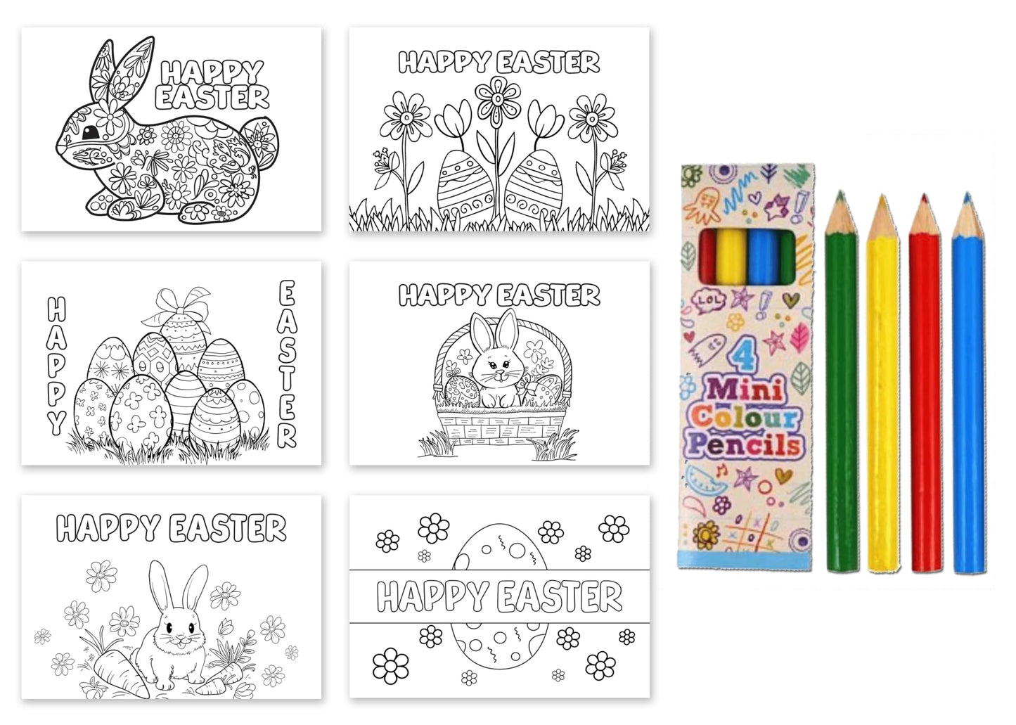 Giftinghouse Colouring Easter Cards 12/24 with Colouring Pencils and Envelopes for Kids, Easter Cards Multipack - Featuring 6 Mixed Easter Designs, Eco-friendly Greeting Cards Gift for kids (24 PACKS)