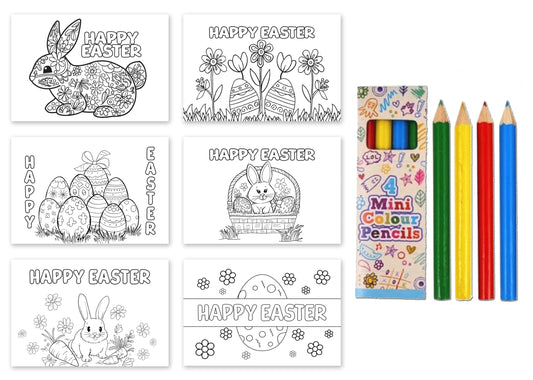 Giftinghouse Colouring Easter Cards 12/24 with Colouring Pencils and Envelopes for Kids, Easter Cards Multipack - Featuring 6 Mixed Easter Designs, Eco-friendly Greeting Cards Gift for kids (24 PACKS)
