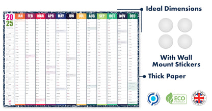 Giftinghouse 2025 Wall Planner A2 Laminated - Full Year Wall Planner 2025 UK - Wall Calendar 2025 with mount stickers for academic, office, home and school by (42 x 59.4 cm) - A2 size.