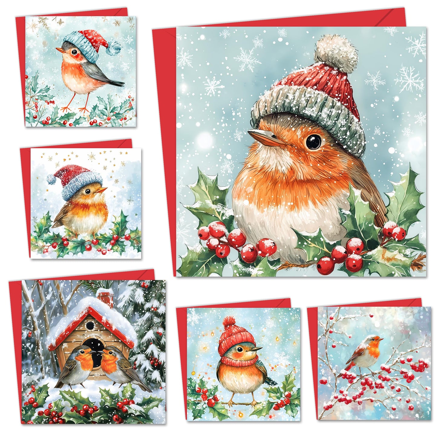 24 Christmas Cards 2024 Multipack with Envelopes - Christmas Cards Pack - Xmas Cards - Featuring Robin Christmas Cards Pack of 6 Robin Designs (125x125 mm)