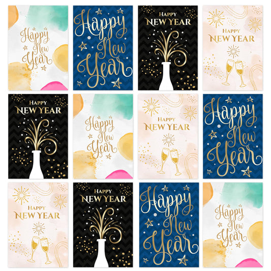 Giftinghouse Happy New Year Cards 2025 packs - 24/48 Gold Foil Greeting Cards Multipack with White Envelopes - Blank Inside Eco-Friendly Cards Set for friends and family.