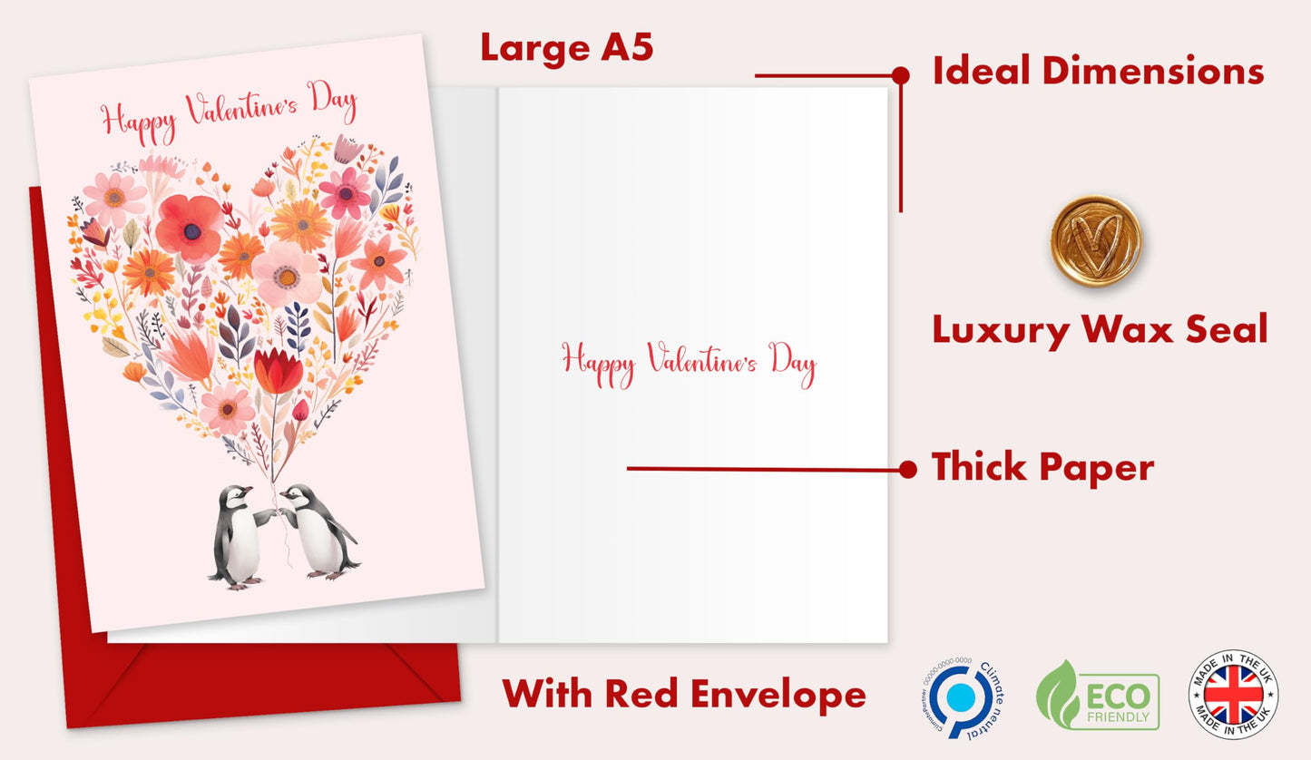 Giftinghouse Valentines Card - A5 Large Embossed Happy Valentines day card with Wax Seal for husband, him, boyfriend, fiancee, wife, her - Floral heart - 350 GSM - MADE IN UK.