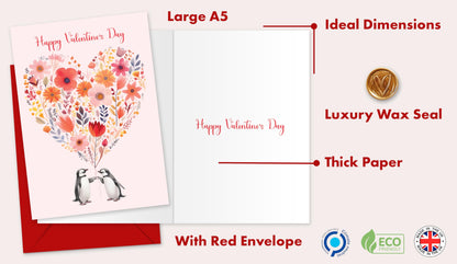 Giftinghouse Valentines Card - A5 Large Embossed Happy Valentines day card with Wax Seal for husband, him, boyfriend, fiancee, wife, her - Floral heart - 350 GSM - MADE IN UK.