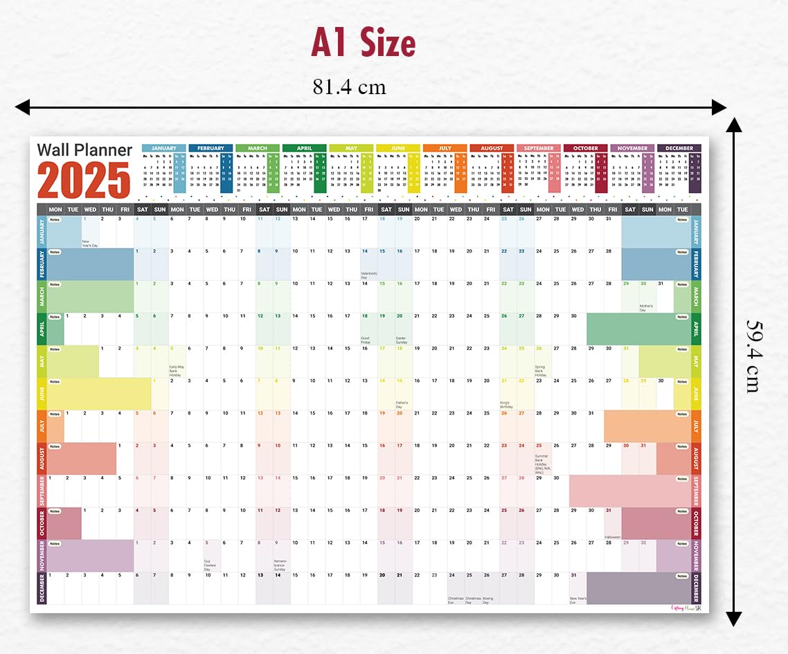 2025 Wall Planner A1 Laminated - Full Year Wall Planner 2025 UK - Wall Calendar 2025 with mount stickers for academic, office, home and school by (59.4 x 84.1 cm) - A1 size.