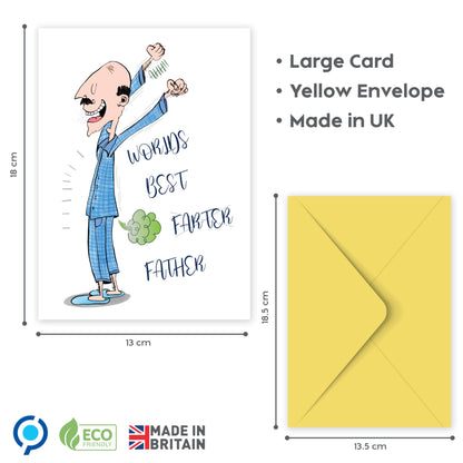 Funny Fathers Day Card from Son or Daughter – “World’s Best Farter” Joke – Humorous Dad Birthday Card – 18x13cm Size with Inside Message – Made in the UK
