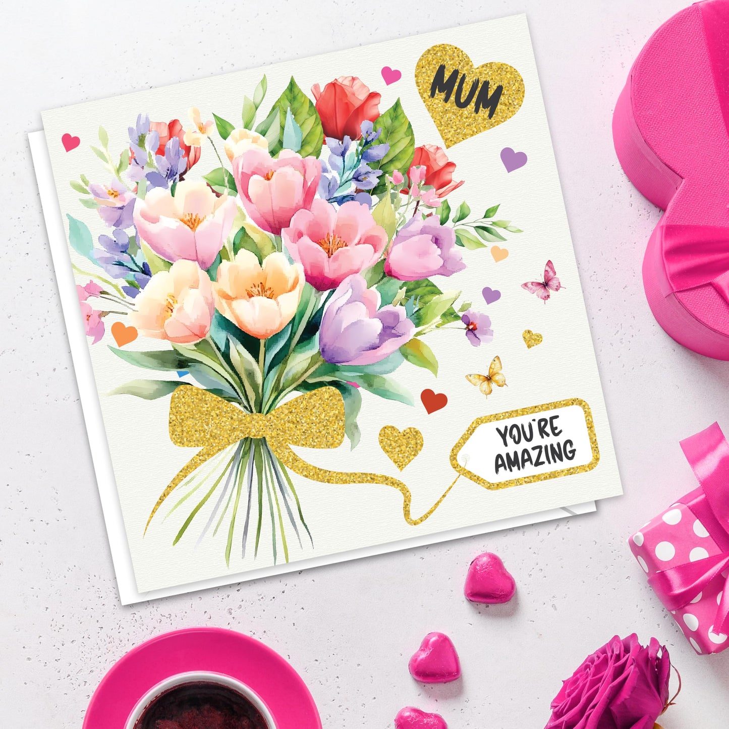 Gold Foil Mothers Day Card for Mum with Envelope | Elegant Floral Design | Happy Mother’s Day Card from Daughter or Son | 15x15 cm – Eco-Friendly 350 GSM - Made in the UK