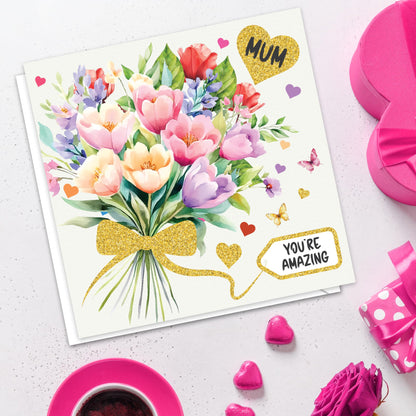 Gold Foil Mothers Day Card for Mum with Envelope | Elegant Floral Design | Happy Mother’s Day Card from Daughter or Son | 15x15 cm – Eco-Friendly 350 GSM - Made in the UK