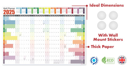 2025 Wall Planner A2 Laminated - Full Year Wall Planner 2025 UK - Wall Calendar 2025 with mount stickers for academic, office, home and school by (42 x 59.4 cm) - A2 size.