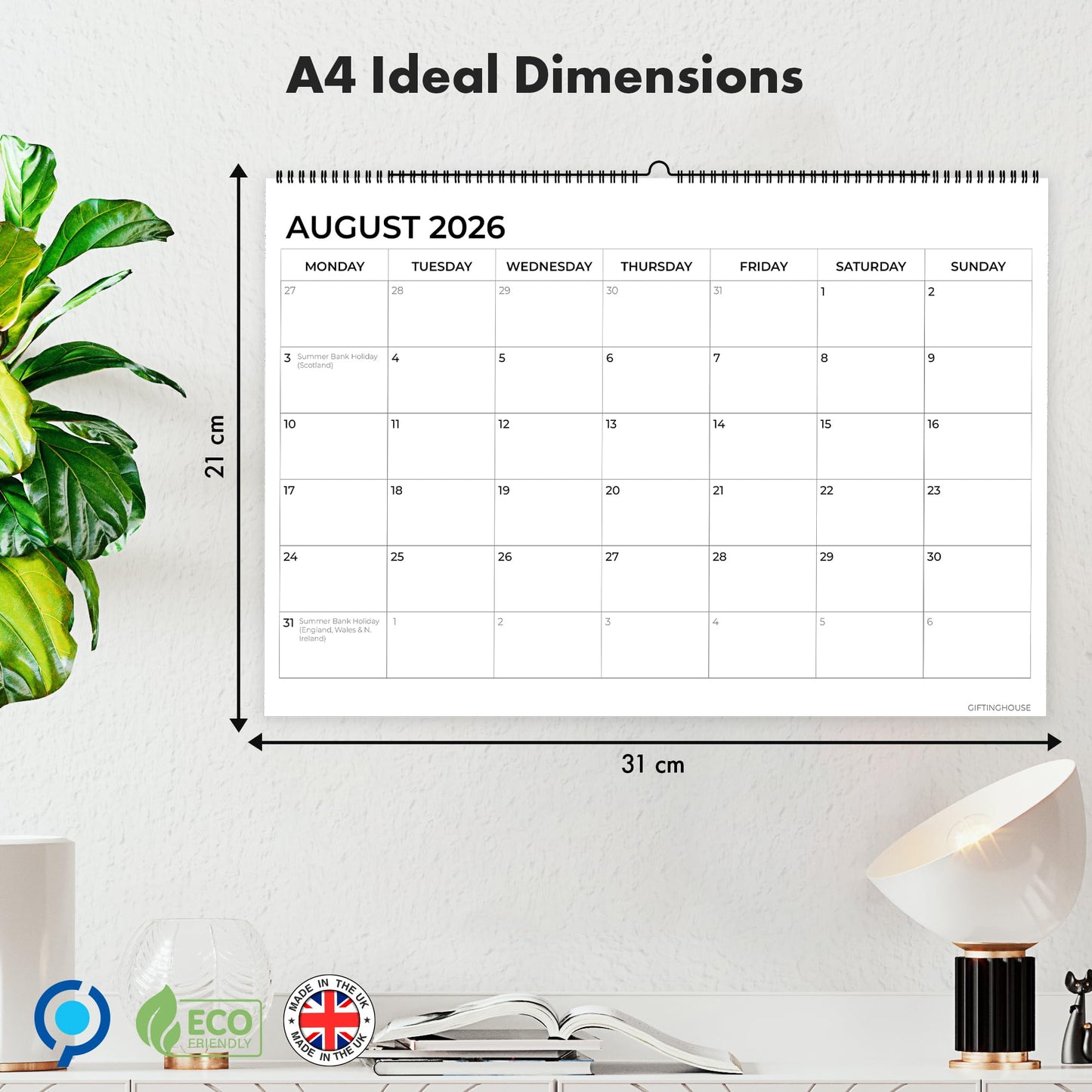 18 Month Calendar 2025-2026 - A4 Wall Calendar UK - A3 When Opened - 42x31cm from July 2025 to December 2026 – Month-to-View Planner with Notes Pages for Each Month.