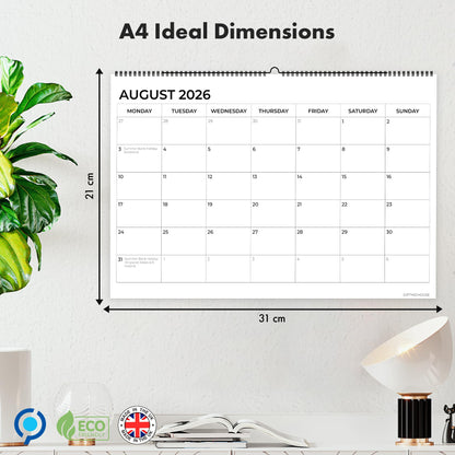 18 Month Calendar 2025-2026 - A4 Wall Calendar UK - A3 When Opened - 42x31cm from July 2025 to December 2026 – Month-to-View Planner with Notes Pages for Each Month.