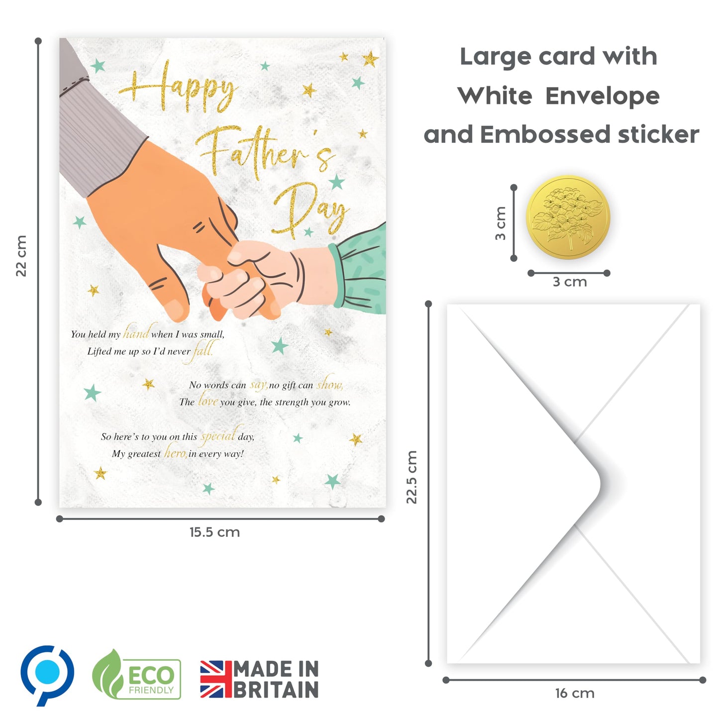 Happy Fathers Day from Daughter or Son – Gold Foil Traditional Father's Day Card – Large 22 x 15.5 cm – Gold Embossed Sticker – Made in the UK