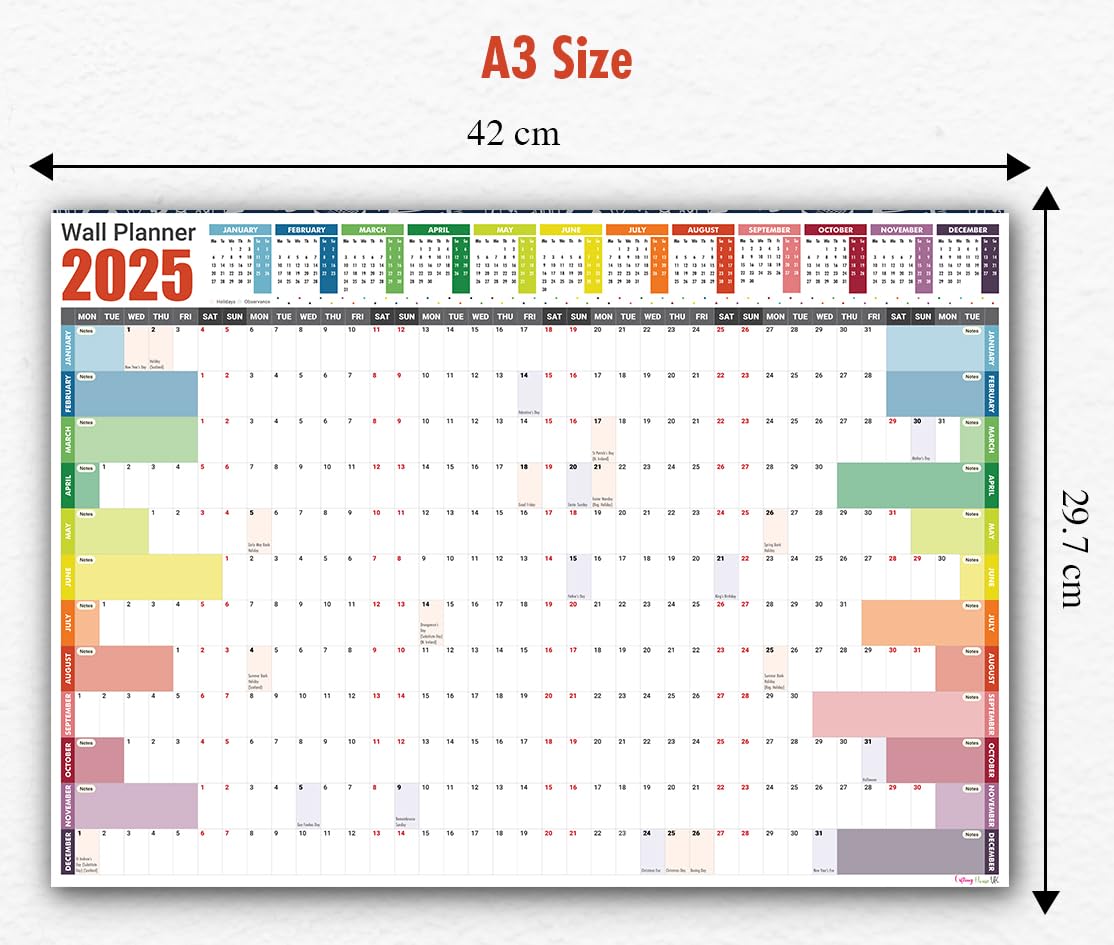 2025 Wall Planner A3 (42 x 29.7cm) - Jan To Dec Full Year Uncoated Wall Planner 2025 UK - Wall Calendar 2025 with mount stickers for home, office and school