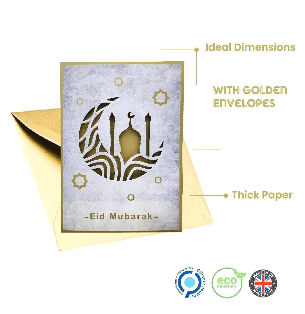 Giftinghouse Eid Cards Multipack of 6/12 with envelopes - greetings cards - Eco Friendly happy Eid card for kids and Family (Golden design, 6 cards)