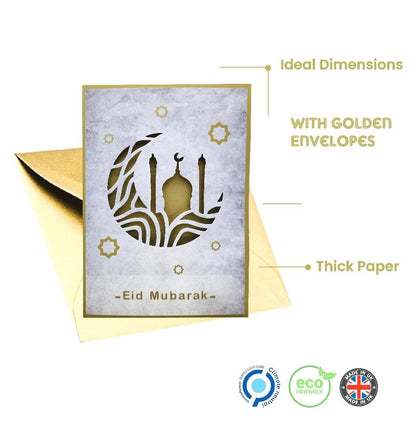 Giftinghouse Eid Cards Multipack of 6/12 with envelopes - greetings cards - Eco Friendly happy Eid card for kids and Family (Golden design, 6 cards)