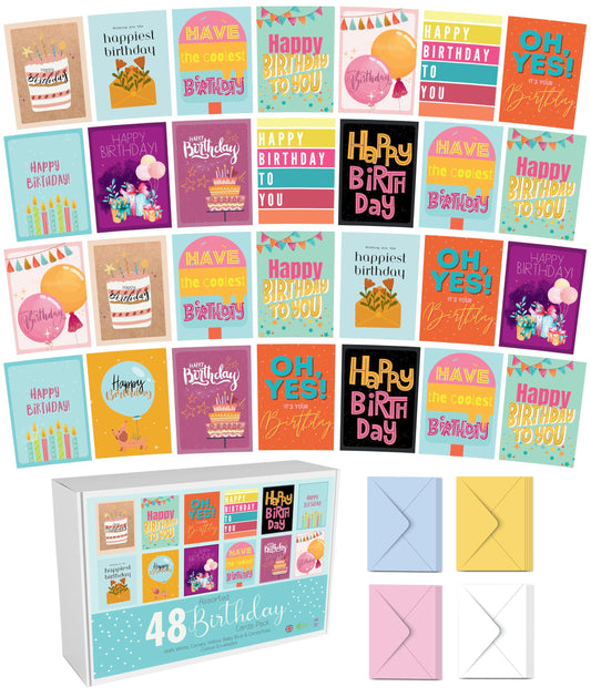 Giftinghouse Birthday Cards Multipack With Multi Coloured Envelopes, Pack of 24/48 Assorted Designs Ecofriendly Birthday cards for Women, Men & kids -Bulk Happy Birthday Notes – Made in UK.