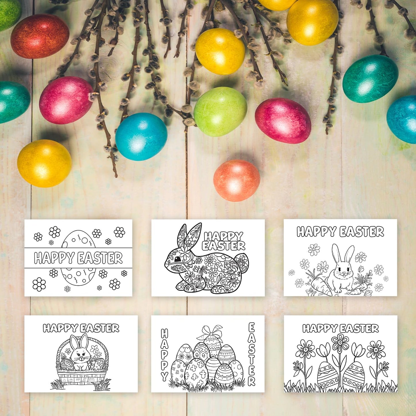 Giftinghouse Colouring Easter Cards 12/24 with Colouring Pencils and Envelopes for Kids, Easter Cards Multipack - Featuring 6 Mixed Easter Designs, Eco-friendly Greeting Cards Gift for kids (24 PACKS)