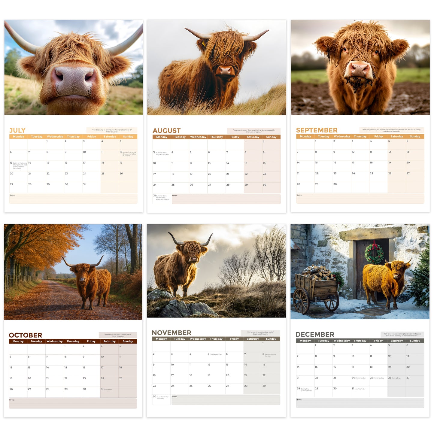 2026 Calendar, Highland Cow Wall Calendar UK, A3 Month-to-View (Jan 2026 – Dec 2026), Eco-Friendly, A3 Size When Open, Made in the UK