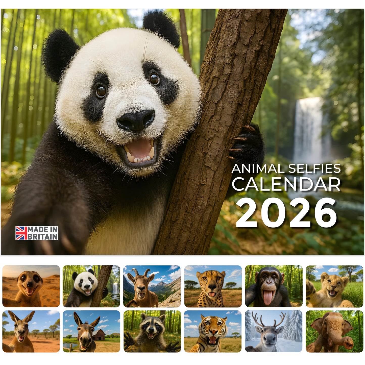 Wall Calendar 2026 UK - A3 Size Animal Selfies 2026 Calendar, Month-to-View (Jan 2026 - Dec 2026) - Eco-Friendly, A3 When Open, Made in the UK.