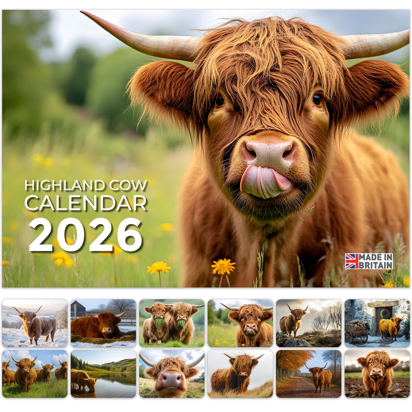 2026 Calendar, Highland Cow Wall Calendar UK, A3 Month-to-View (Jan 2026 – Dec 2026), Eco-Friendly, A3 Size When Open, Made in the UK
