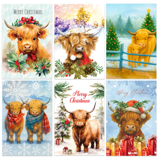 Giftinghouse Christmas Cards Multipack of 24 – Cute Highland Cow Xmas Cards 2025 – Festive Winter & Farm Animal Designs – 15 x 10 cm – Festive Greeting Cards for Family, Kids & Friends – Made in UK