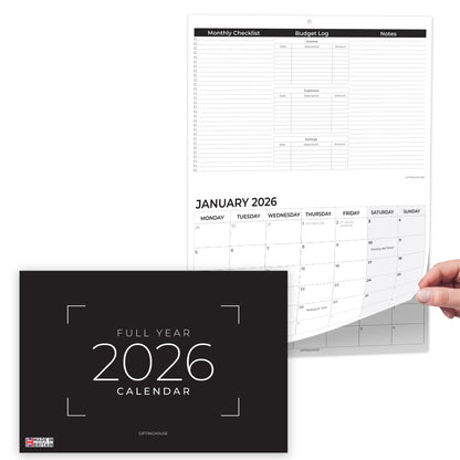 2026 Calendar – Wall Calendar UK – A3 When Open – January to December 2026 Month-to-View Planner with Monthly Checklist, Budget Log & Notes – Made in the UK