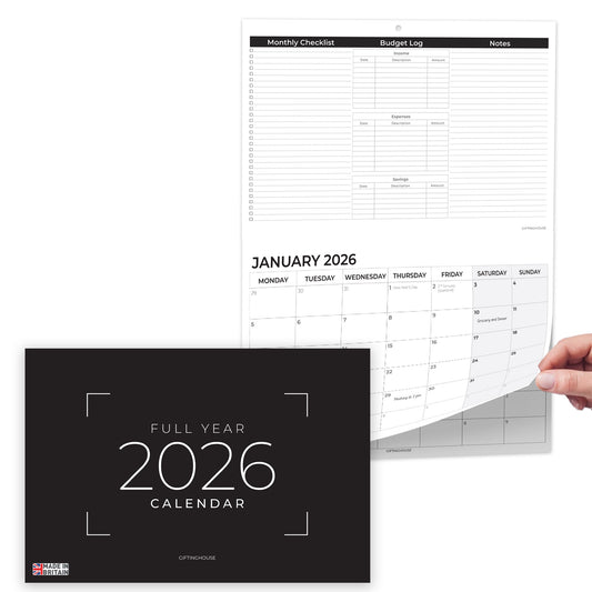 2026 Calendar – Wall Calendar UK – A3 When Open – January to December 2026 Month-to-View Planner with Monthly Checklist, Budget Log & Notes – Made in the UK