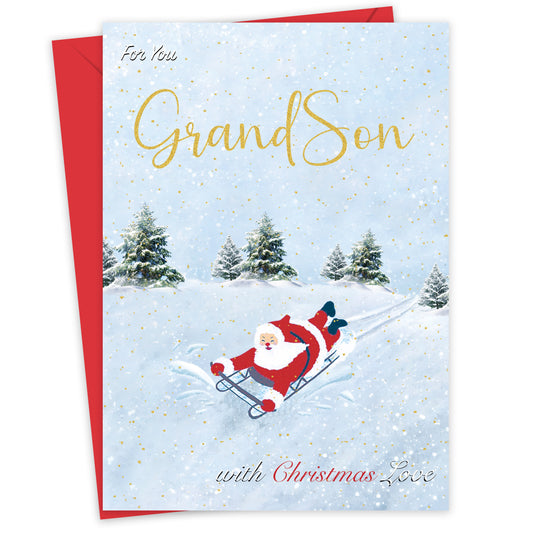 Grandson Christmas Card for Boys – Fun Sledging & Snowman Xmas Design – 22 x 15.5 cm – Eco-Friendly Christmas Card Grandson – Inside Message – Made in the UK