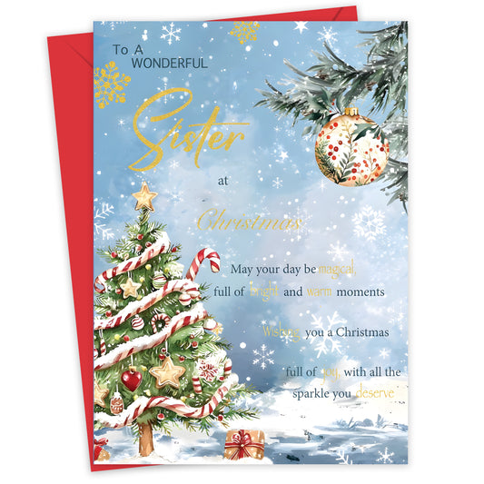 Sister Christmas Card – Snowy Festive Tree Design - 22 x 15.5 cm - Sister Xmas Card – Inside Greeting - Made in the UK