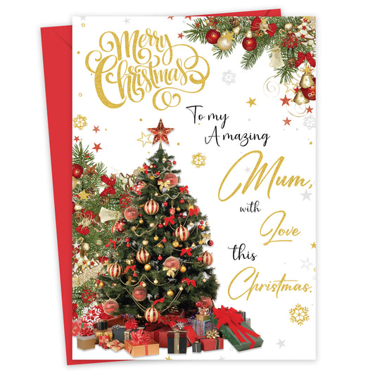 Mum Christmas Card - Gold Foil Luxury Festive Design – 22 x 15.5 cm – Mum Xmas Card with Inside Greeting – Made in the UK
