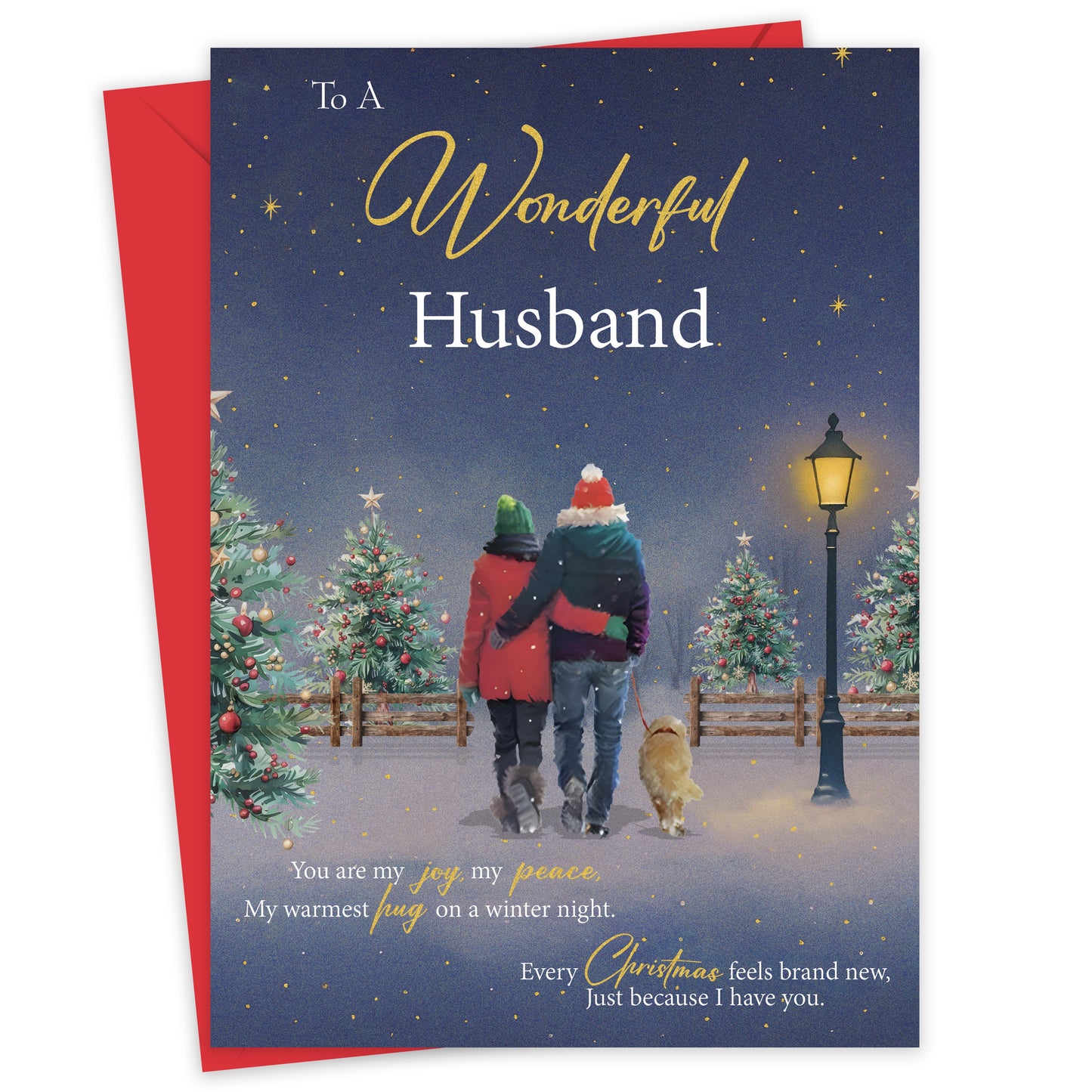 Husband Christmas Card from Wife – Gold Foil Romantic Festive Winter Scene - Large 22 x 15.5 cm - Husband Xmas Card with Inside Greeting - Made in the UK