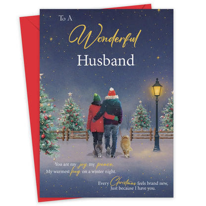 Husband Christmas Card from Wife – Gold Foil Romantic Festive Winter Scene - Large 22 x 15.5 cm - Husband Xmas Card with Inside Greeting - Made in the UK