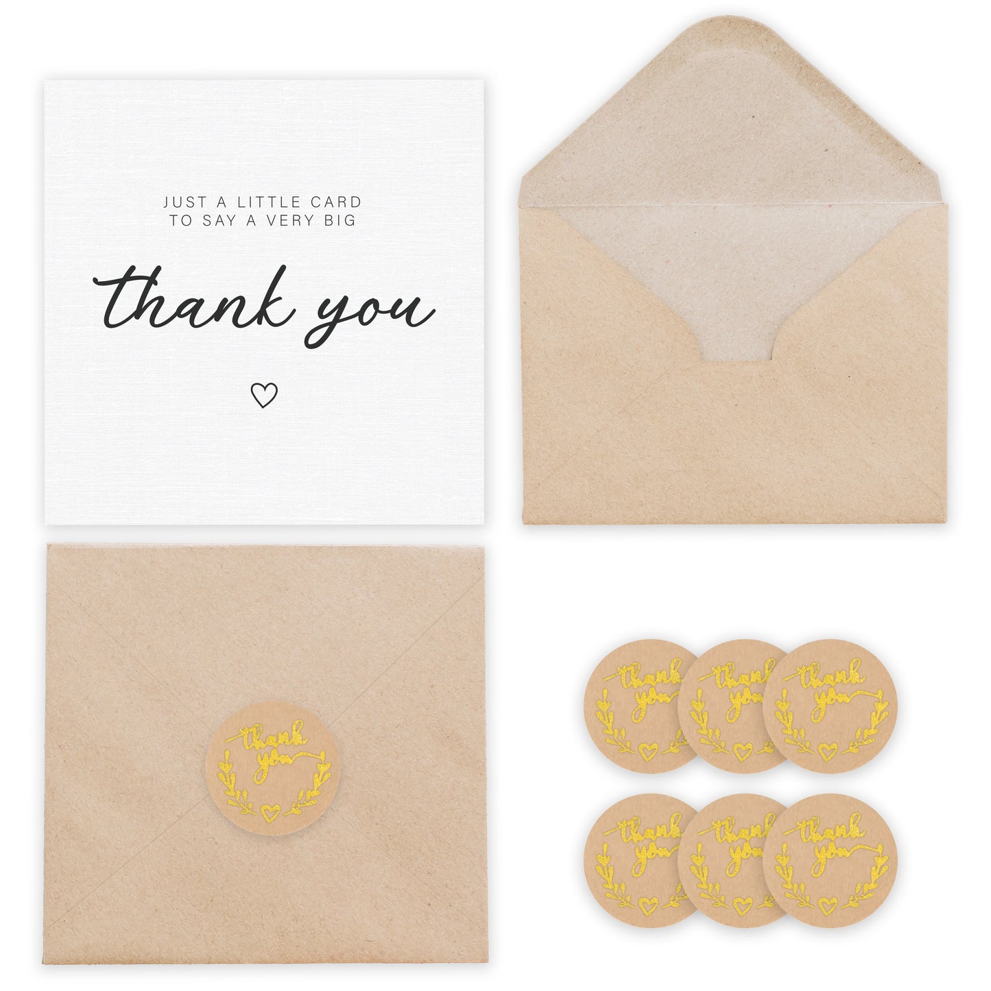 Giftinghouse 24 Thank You Cards Pack with Gold Foil Stickers and Kraft Envelopes, 12.5 x 12.5 cm – Blank Inside – Ideal for Teachers, Weddings, Kids, Christmas – Made in the UK