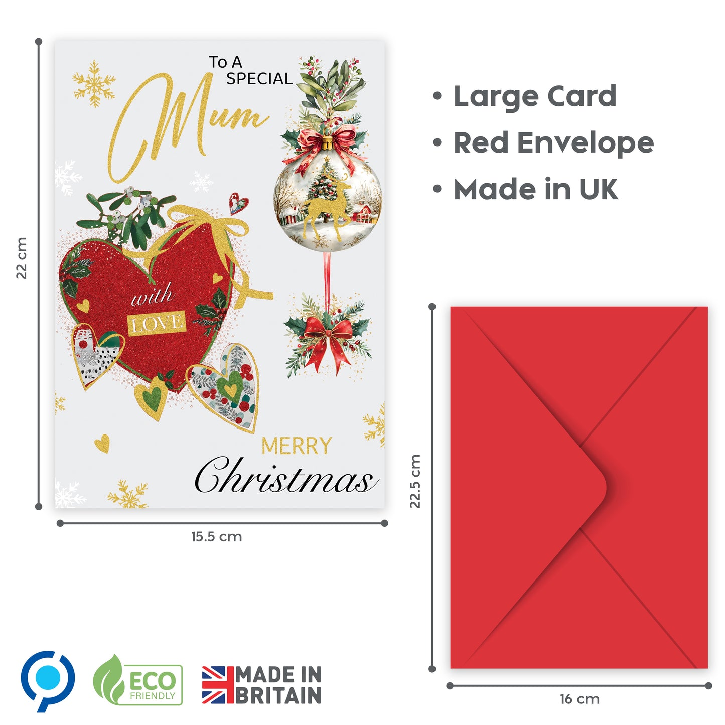 Special Mum Christmas Card – Gold Foil Elegant Design – 22 x 15.5 cm – Mum Xmas Card with Inside Greeting – Made in the UK