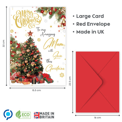 Mum Christmas Card - Gold Foil Luxury Festive Design – 22 x 15.5 cm – Mum Xmas Card with Inside Greeting – Made in the UK