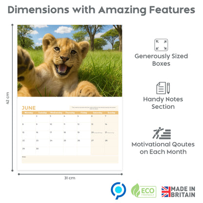 Wall Calendar 2026 UK - A3 Size Animal Selfies 2026 Calendar, Month-to-View (Jan 2026 - Dec 2026) - Eco-Friendly, A3 When Open, Made in the UK.